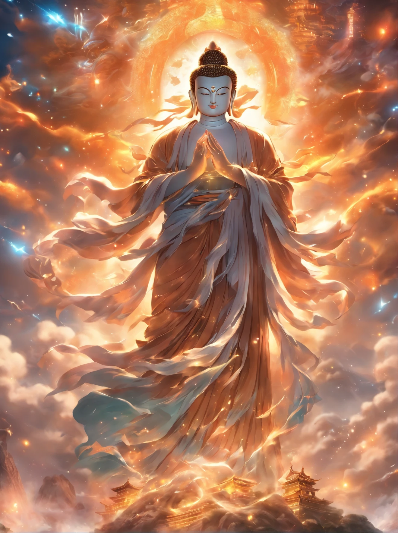 ((Meisterwerk)),(best quality)),Im Porzellan-Stil,am Himmel, Die Wolken bilden eine riesige, transparente, bright white jade maitreya Buddha statue,dicke Wolken,Die Sonne scheint,Pilger unterwegs,hyperrealistisch,Ultra-Foto-Realisim,Echte Photographie,8K,hight resolution,High quality,Werke von Meistern,superfein,(((OC-Renderer)))