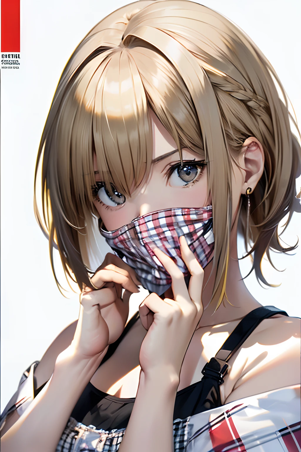 (Best Quality, 8K, Oil Painting, masutepiece:1.2), Ultra-detailed, (Realistic, Photorealistic:1.37), (((FULL BODYSHOT)))、(((Bright blonde hair)))、Vibrant colors、(((White and black tube top bra)))、(((Gingham plaid tube top bra)))、(((20Women of a certain age)))、(((Slightly visible chest)))、 (((a blond)))、(((Shoulder-length bob hair)))、((( White background)))、(((Girly Hairstyles)))、(((bobhair)))、(((In front of a white wall)))、(((Embarrassed look)))、(((Nothing on the top of the head)))、(((Cover your face with both hands)))、(((My face is hot red)))