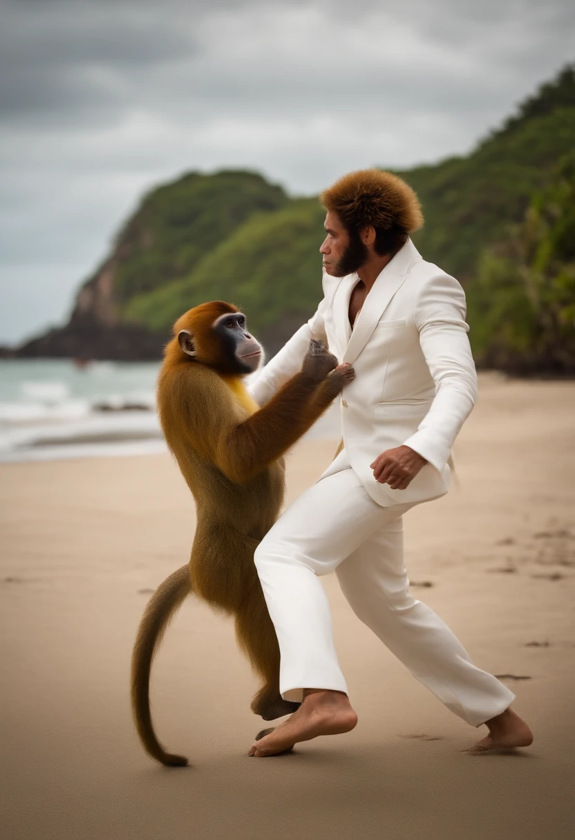 A human with a white suit and a realistic monkey head fighting capoeira on a beach in Brazil