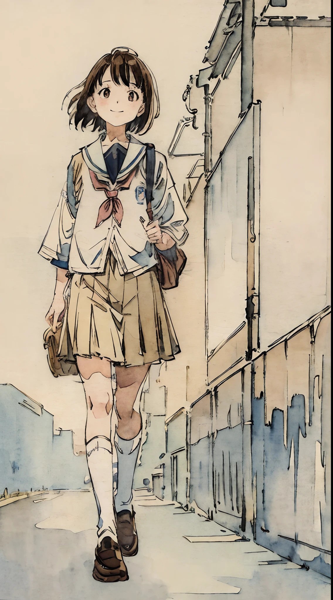 school classrooms、Watercolor style、Pale colors、hand painted style, **** student、hi-school girl、School route、carrying a schoolbag、Walking Girl Japan、posterior view、Looks Back、high-school uniform、A smile、frontage、((The upper part of the body))、Brown hair、semi long hair、cowboy  shot