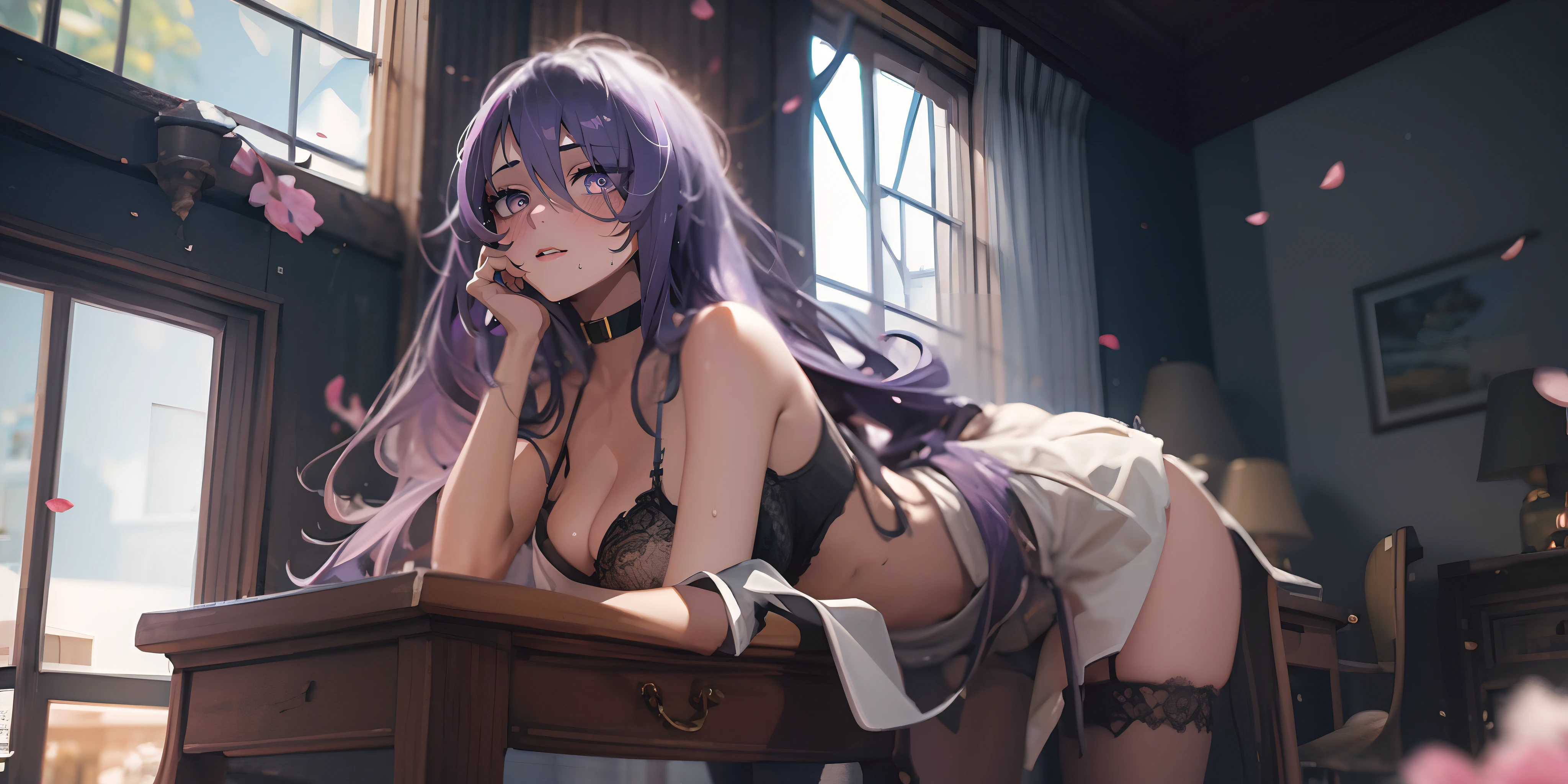 moona hoshinova, (long_hair, purple hair:1.6), multicolored hair, sweating, glowing eyes, heavy breathing, breasts, 1girl, petals, large_breasts, looking_at_viewer, sitting, solo, blush, thighs, thigh_strap, choker, indoors, window, desk, cherry_blossoms, cleavage, chinese_clothes, dress, pelvic_curtain, china_dress, black_legwear, ass, bra, "Photorealistic, Hyperrealistic, Hyperdetailed, analog style, soft lighting, subsurface scattering, realistic, heavy shadow, masterpiece, best quality, ultra realistic, 8k, golden ratio, Intricate, High Detail, film photography, soft focus", sweating, steaming body, fog, (3d, realistic:1.4)