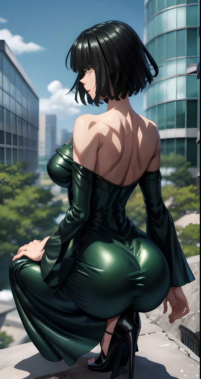 a woman in a green dress sitting on a ledge, tatsumaki from one punch man, beautiful anime girl squatting, fubuki, thicc, she wears a dark green dress, tatsumaki, looking from behind, back pose, full growth from the back, in full growth from the back, seductive anime girl, anime woman