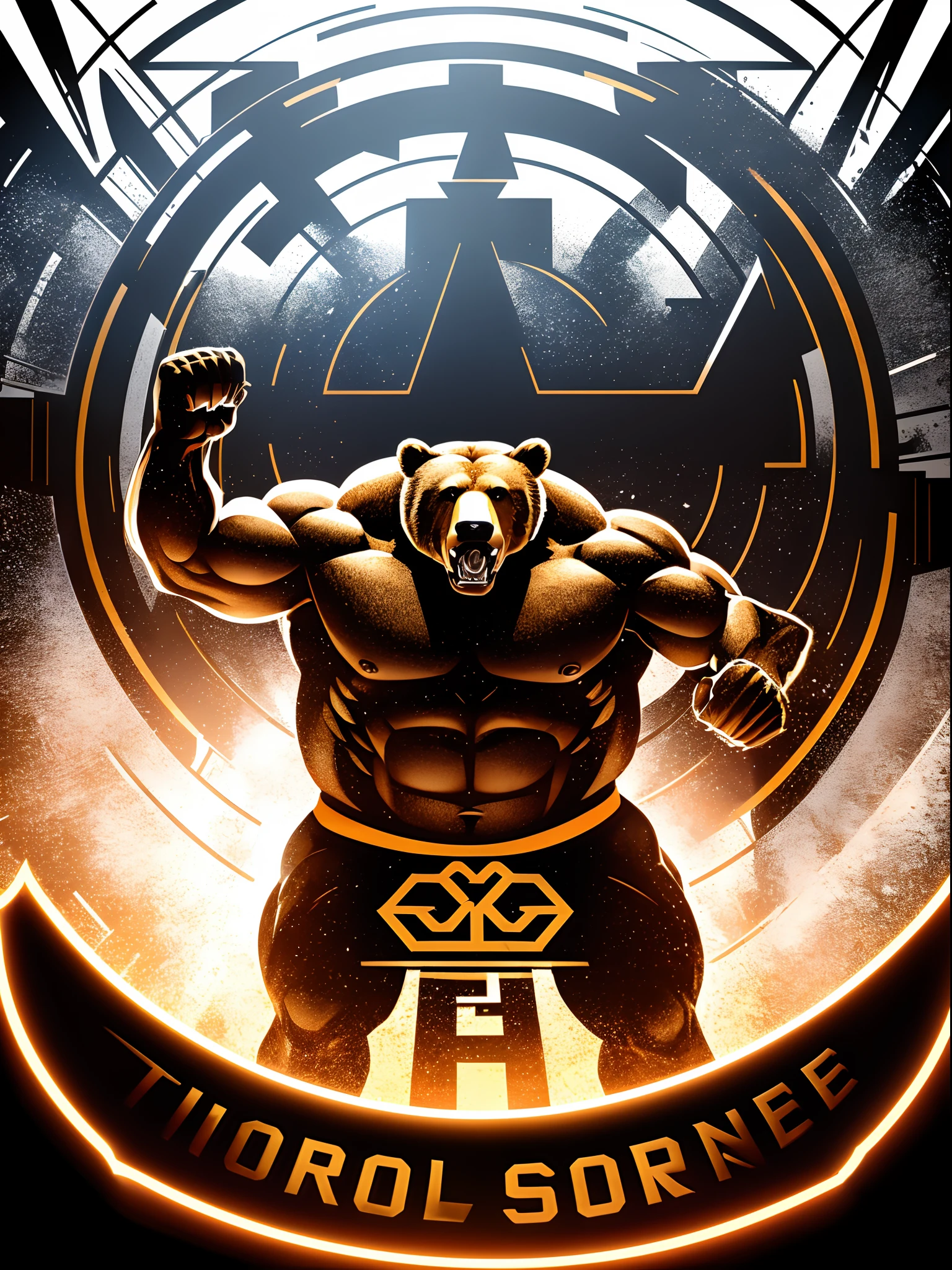 the logotype showcases a strong and fierce character, featuring a muscular bear in a tank top, growling while looking upwards. fired background. all composition inside a perfect circle. looks like emblems for best top design sport equipment. composition with many air, so it can be cut out stroke