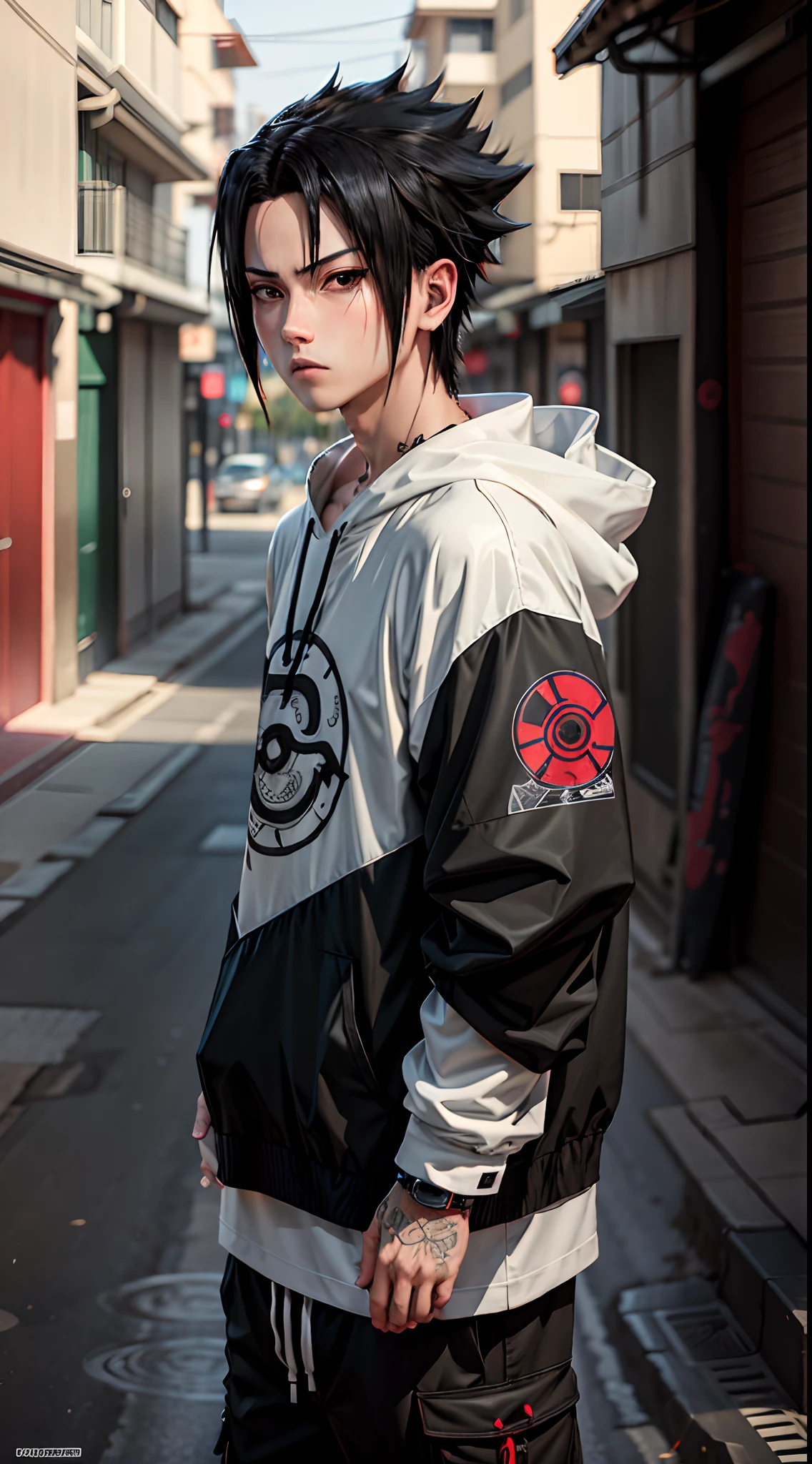 Masterpiece, 1boy, Superb Style, Urban Streetwear chothes, Outdoor, Upper Body, Uchiha Sasuke, bright eyes, black hair, cool boy