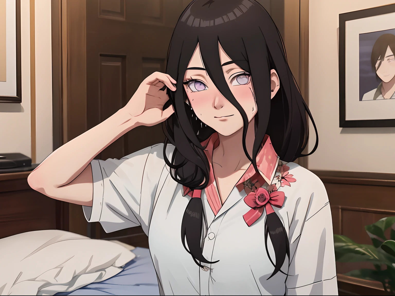 tmasterpiece, highly detailed, best qualtiy, 超高分辨率, 1girll, 独奏,(Hinata flower proportions:1),Long hair hanging low, Hair Band, Hana's purple eyes, pony tails, Beautiful, Beautiful woman, Perfect body, perfect breastm, view the viewer, Slight smile, Realism, Masterpiece, Textured skin, Super detail, High detail, High quality, Best quality, 16k,(Wear a police uniform,Wearing a police badge on his chest,Wearing a police uniform),Being in a hotel,Take the whip,With a long whip,Enchanting pose,(Wearing black stockings),(perspire,Sweat a lot,Blushlush,Be red in the face,I had a lot of sweat on my face,Blushlush),(I had a lot of sweat on my face,Be red in the face,Blushlush,There is a blush on the face),(Get out of bed)