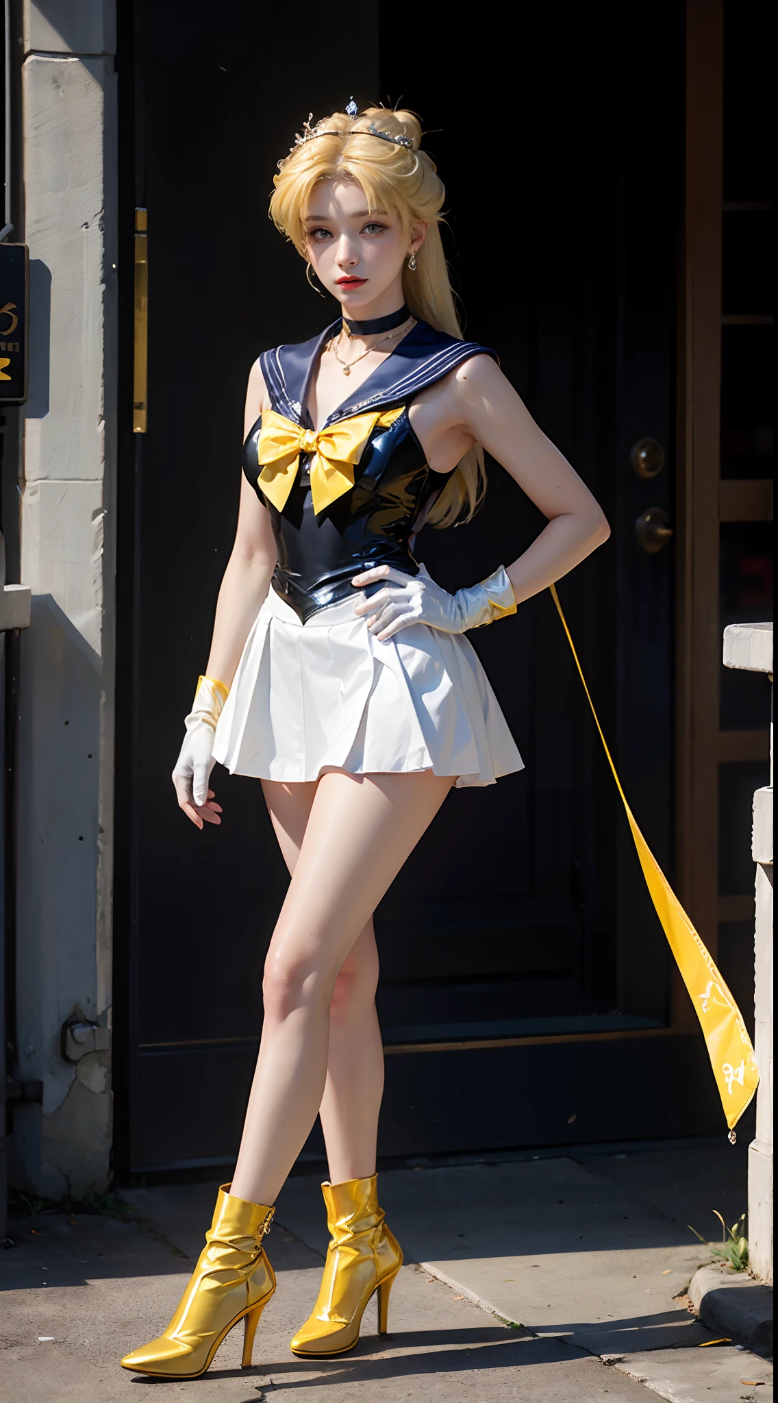 ((​masterpiece:1.4)、(top-quality:1.4)、(reallistic:1.7))、masuter piece:1.4、a beauty girl、(Sailor Moon:1.4)、Tsukino Usagi、Body Fit Sexy Sailor Senshi Uniform、(latex shiny)、(The jacket is a white sleeveless sailor suit)、(Skirt is blue sexy ultra ultra mini skirt)、The collar of the sailor suit is blue with two thin lines.、high leg swimsuit、Red cloth ornament on chest、(Wearing white gloves)、Kawaii Girl、Super beauty、foco nítido、Portrait photos、Upper body photography:1.4、beautiful countenance、beautidful eyes、Narrow waist、beauty legs、(Yellow hair:1.4)、(length hair:1.2)、Beautiful udder、large full breasts:1.2、Sexy ass、Raw photo、red-lips、Red high heels:1.4、a choker:1.4、a necklace:1.4、耳Nipple Ring:1.4、Luxurious Golden Tiara:1.4、1 screen display、