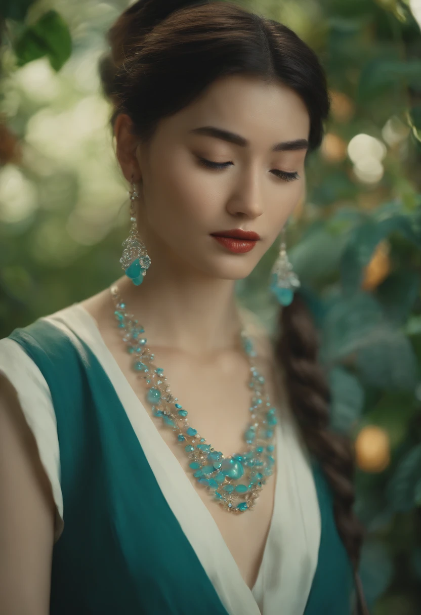 a girl wearing an anime collar, a long necklace and earrings, in the style of tranquil gardenscapes, colorful animation stills, masami teraoka, aquamarine, paul gauguin, Embry style, honest portrayal