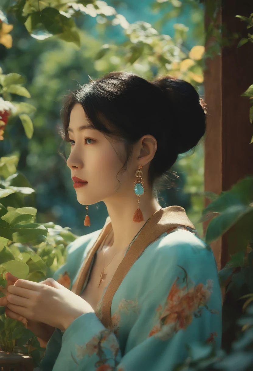 a girl wearing an anime collar, a long necklace and earrings, in the style of tranquil gardenscapes, colorful animation stills, masami teraoka, aquamarine, paul gauguin, Embry style, honest portrayal