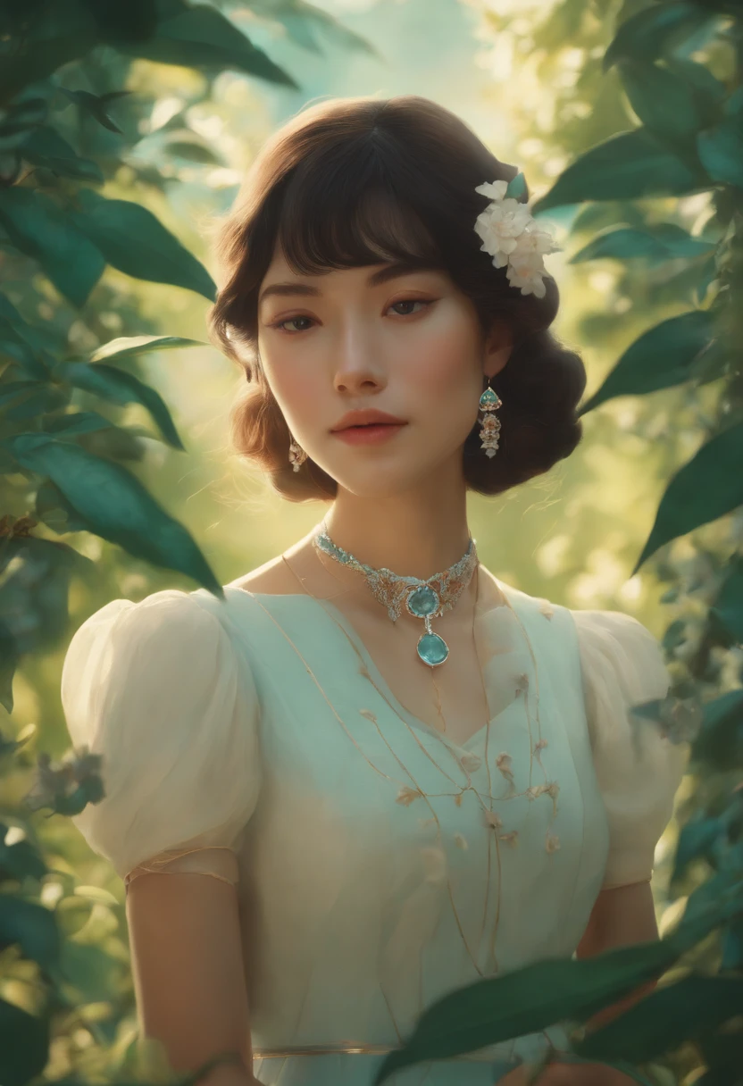 a girl wearing an anime collar, a long necklace and earrings, in the style of tranquil gardenscapes, colorful animation stills, masami teraoka, aquamarine, paul gauguin, Embry style, honest portrayal