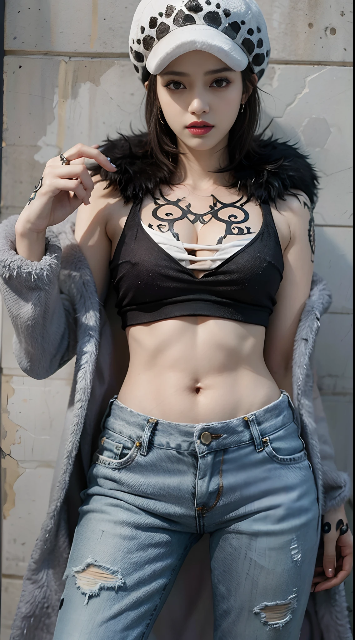 masterpiece, best quality, 8k,highestres, absurdres, extremely detailed, female trafalgar law, 1girl, 1sword, solo, looking at viewer, short hair, medium breasts, hat, navel, cleavage, collarbone, earrings, midriff, pants, coat, fur trim, denim, jeans, shoulder tattoo, hand tattoo, finger tattoo, black fur-trimmed coat, coat on shoulders, yellow tank top,///,