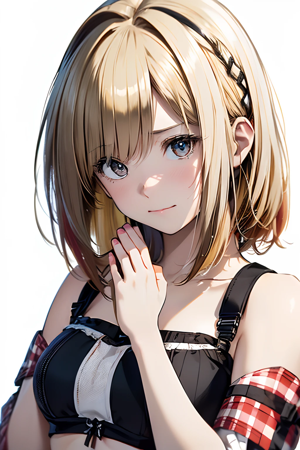 (Best Quality, 8K, Oil Painting, masutepiece:1.2), Ultra-detailed, (Realistic, Photorealistic:1.37), (((FULL BODYSHOT)))、(((Bright blonde hair)))、Vibrant colors、(((White and black tube top bra)))、(((Gingham plaid tube top bra)))、(((20Women of a certain age)))、(((Slightly visible chest)))、 (((a blond)))、(((Shoulder-length bob hair)))、((( White background)))、(((Girly Hairstyles)))、(((bobhair)))、(((In front of a white wall)))、(((Embarrassed look)))、(((Nothing on the top of the head)))、(((Touch your cheeks with both hands)))、(((My face is bright red)))