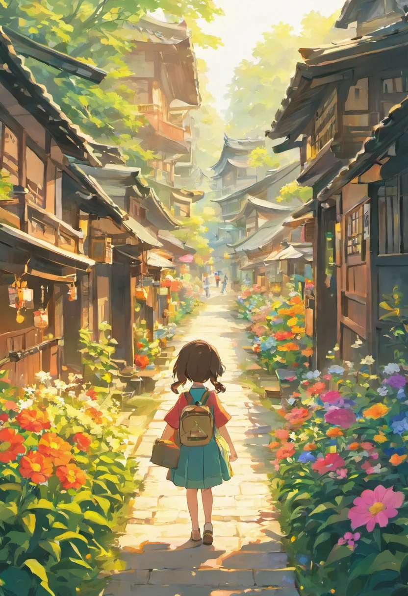 The picture is a panorama of a small town，house、The trees and flowers are depicted in great detail。Children stand hand in hand in front of the kindergarten，Looking forward to the activities of the Zhuang Song Festival