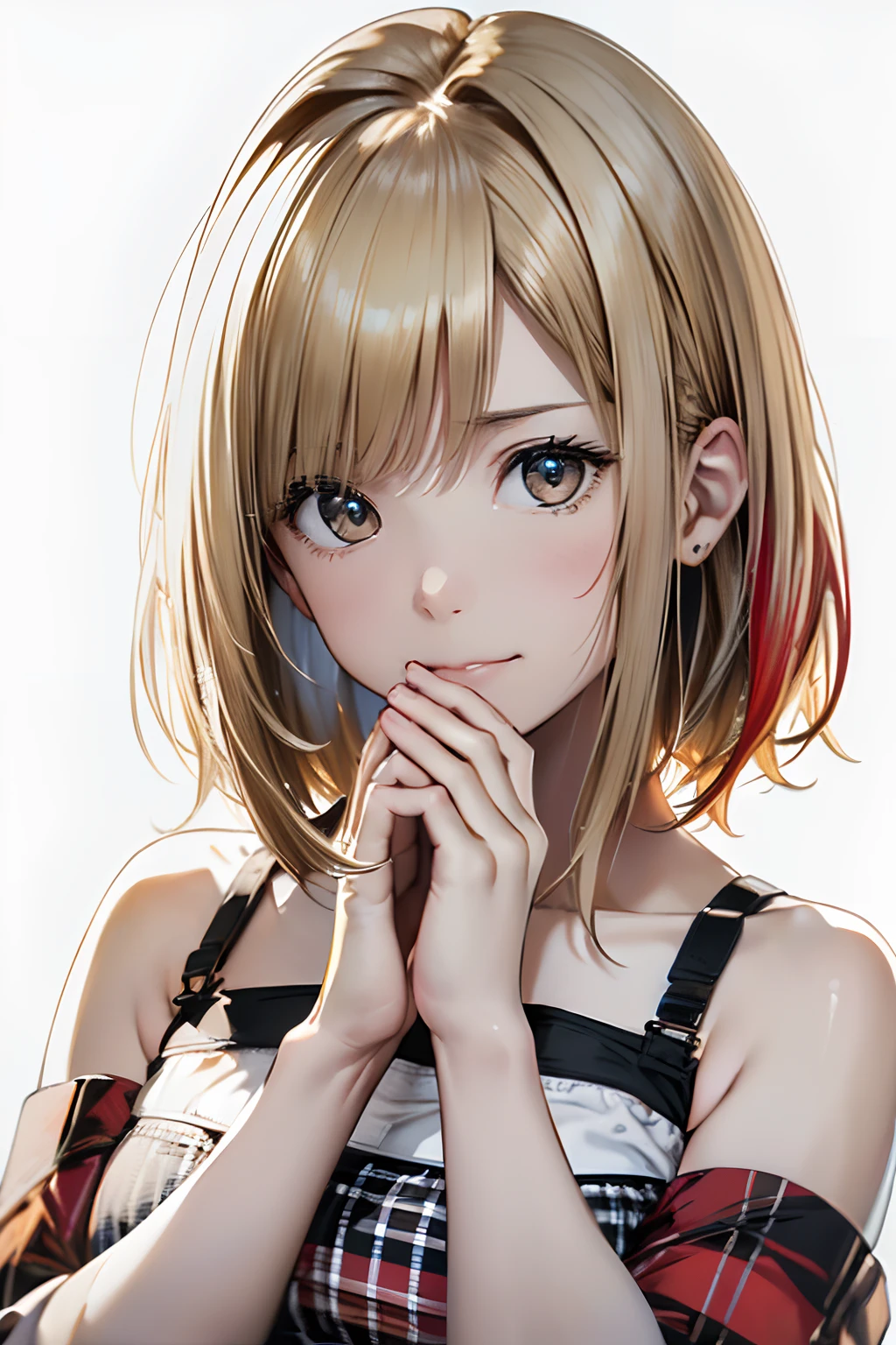 optimal,master piece,High resolution,best quality,hyper hd,super detail,award-winning,16K,solo,(Upper body),correct anatomy,Beautiful Cyberpunk Girl,cowboy shot、cute face,,blonde、bob cut、Red ribbon hair ornament、hair line,((scarlet eyes)),long eyelashes,dangling corner of the eye,white skin,((Shoot head-on)), ((white t-shirt:1.5)), ((Clocktop、)), ((transparent nipples))、rocket , (Because I'm slender),