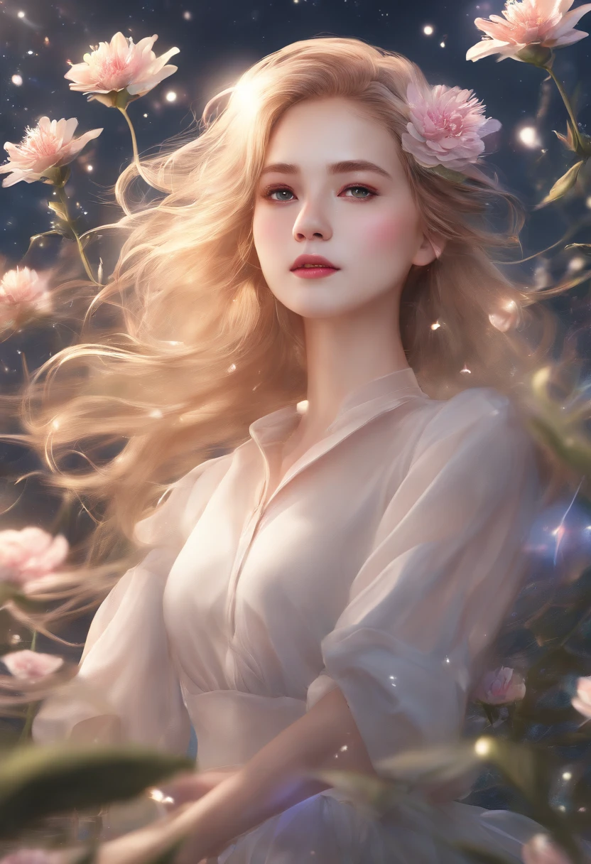 (best quality, masterpiece), 1girl, pose, particle, wind, flower, upper body, simple background, looking at viewer, blonde, galaxy,