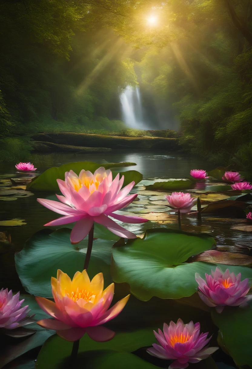 Flowers & Leaves、gems,rococo,,A Modern and Mysterious Encounter, bright colours, intricate details of the forest, Flowers, rays of sunshine, brightly, river, water lilies, kali, Leans