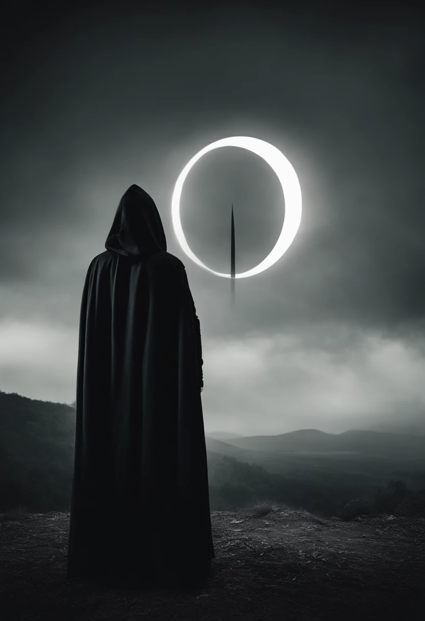 Cult of the Eternal Eclipse Logo", Two-dimensional logo, minimalism, Death in a hood with a scythe, The face is not visible,The hood completely hides the face,
