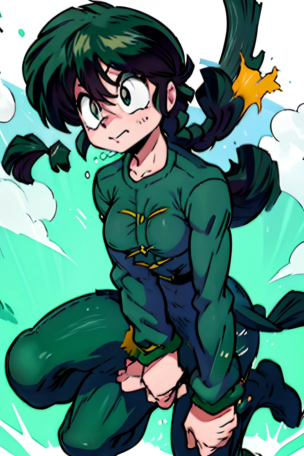 Vivido_Tsuyu,solamente, 1girl, sin ropa, ojos verdes con un punto negro en el centro , desnudes, pelo largo suelto color verde oscuro,desnuda, boca abierta con legua larga afuera