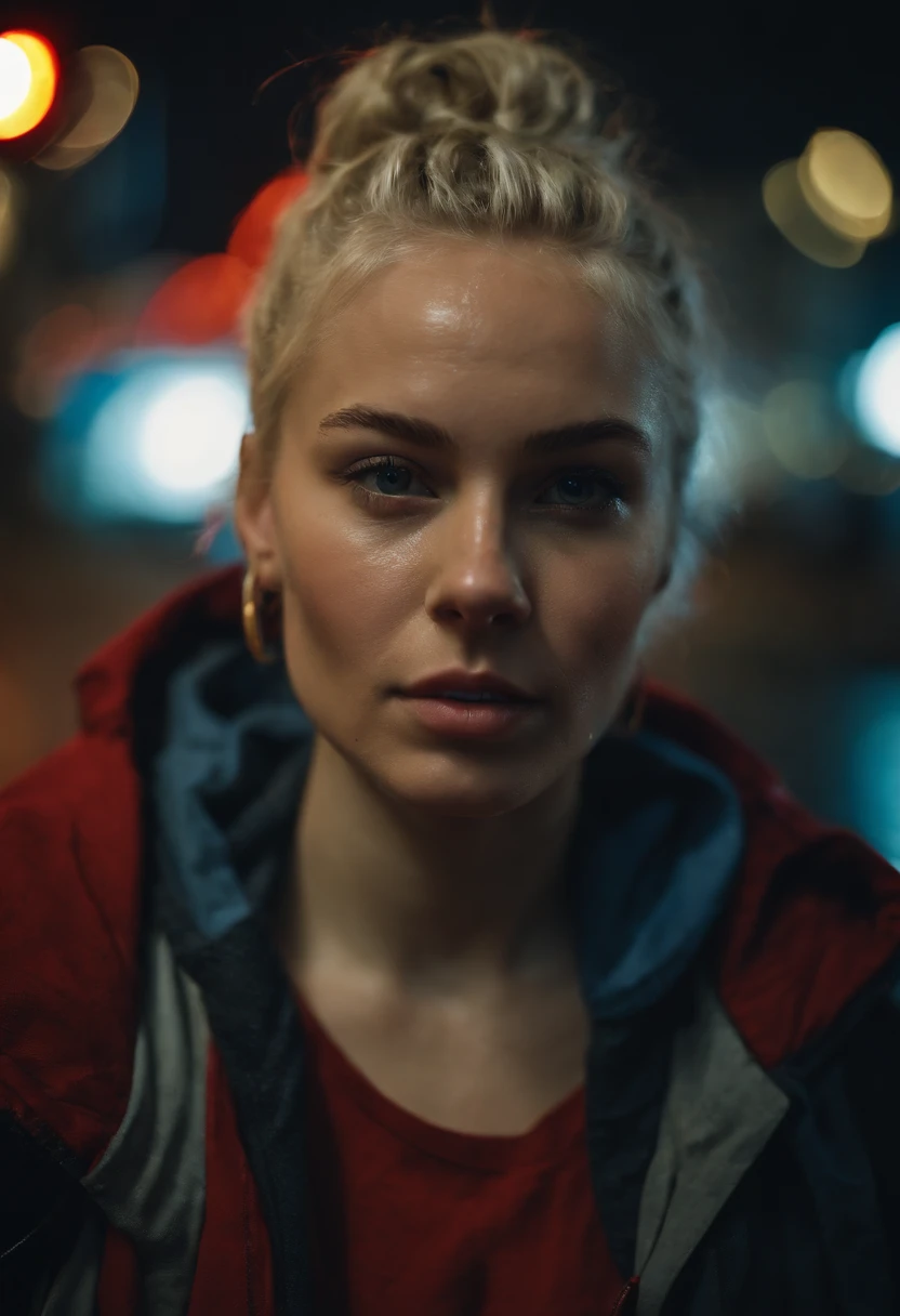 Closeup photograph, confident young cyberpunk woman with blonde and white hair in a bun, wearing a hoodie with red and blue designs on it, in a rain soaked street at night, photorealistic, cinematic lighting