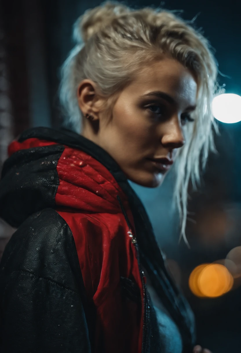 Closeup photograph, confident young cyberpunk woman with blonde and white hair in a bun, wearing a hoodie with red and blue designs on it, in a rain soaked street at night, photorealistic, cinematic lighting