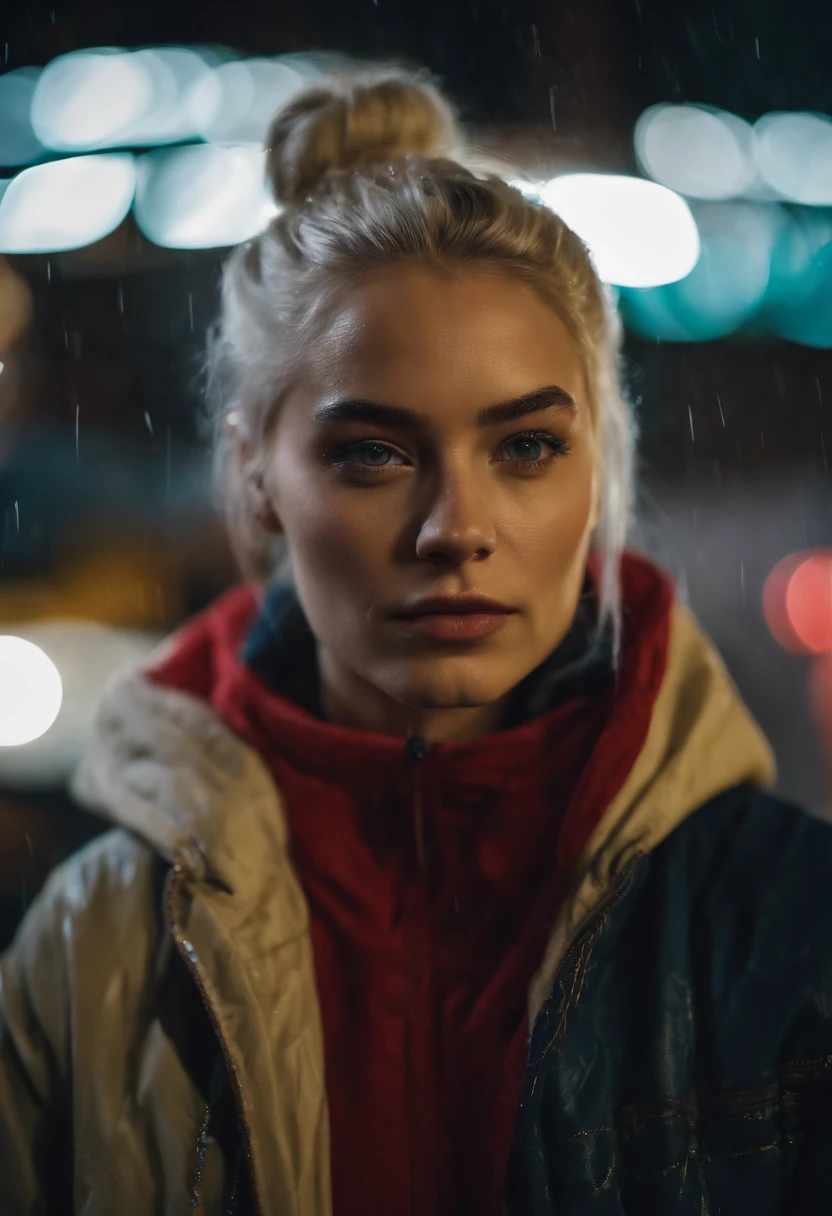 Closeup photograph, confident young cyberpunk woman with blonde and white hair in a bun, wearing a hoodie with red and blue designs on it, in a rain soaked street at night, photorealistic, cinematic lighting