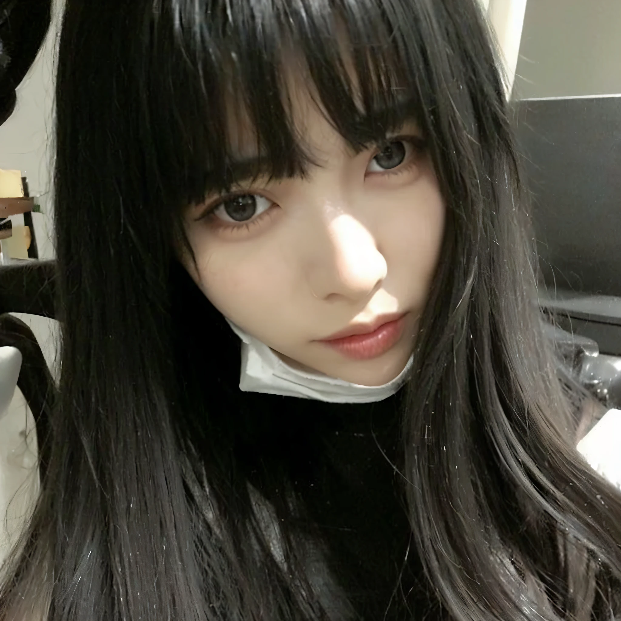 a close up of a woman with long hair wearing a mask, she has black hair with bangs, ulzzang, cruel korean goth girl, long black hair with bangs, hair blackbangs hair, long dark hair with bangs, black hime cut hair, with full bangs, with bangs, long hair with full bangs, neat hair with bangs, long hair with bangs
