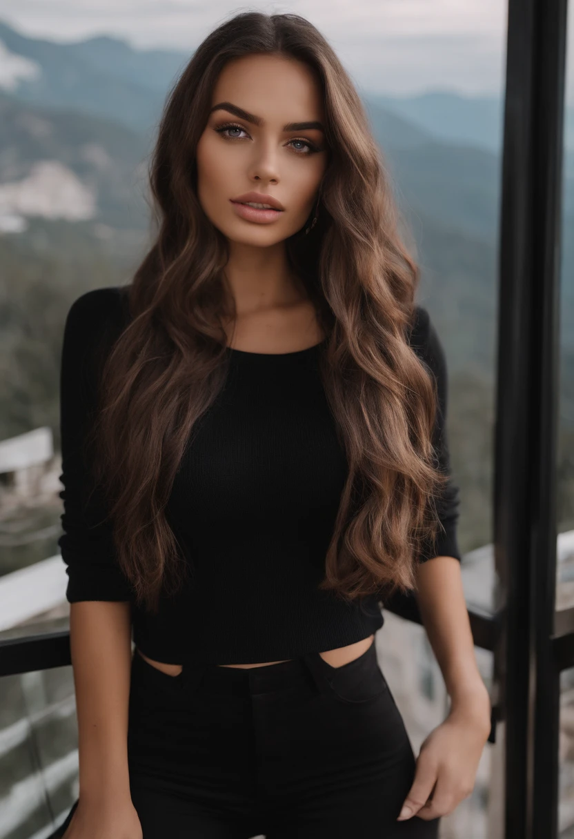Arafed woman with black clothes, latina,  fille sexy aux yeux bruns, Portrait Sophie Mudd, cheveux bruns et grands yeux, selfie of a young woman, Yeux de chambre, Violet Myers, sans maquillage, maquillage naturel, looking straight at camera, Visage avec Artgram, Maquillage subtil, Superbe photo du corps entier, on a balcony with mountains behind her, clivage