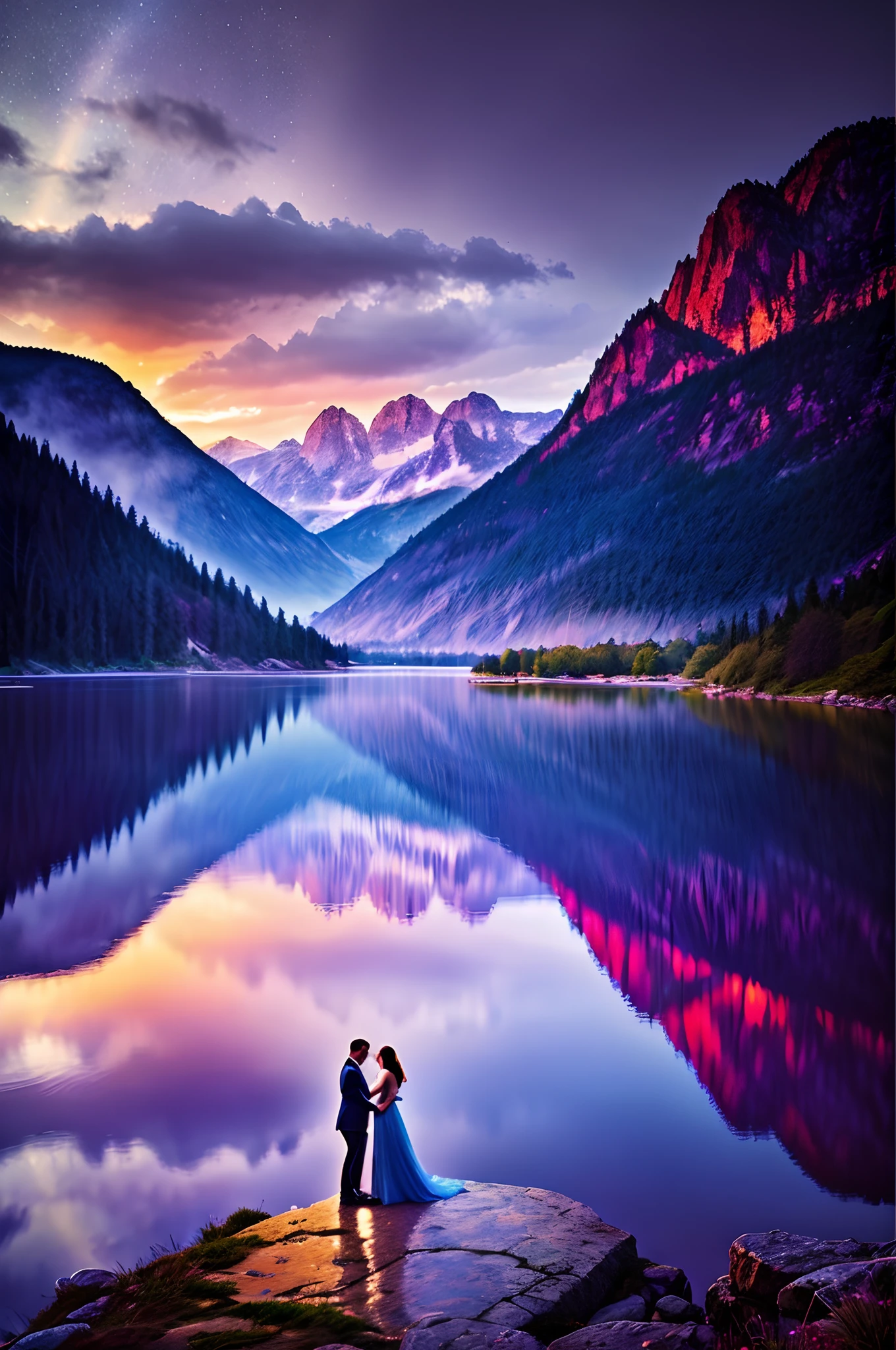 Best quality, maximum resolution, super realistic, super detailed, magnificent background, stunning light reflections, beautifully lit landscape, colors reflecting off the lake. A couple dancing standing on a rock in front of a lake, while showers of hearts fall from the sky.