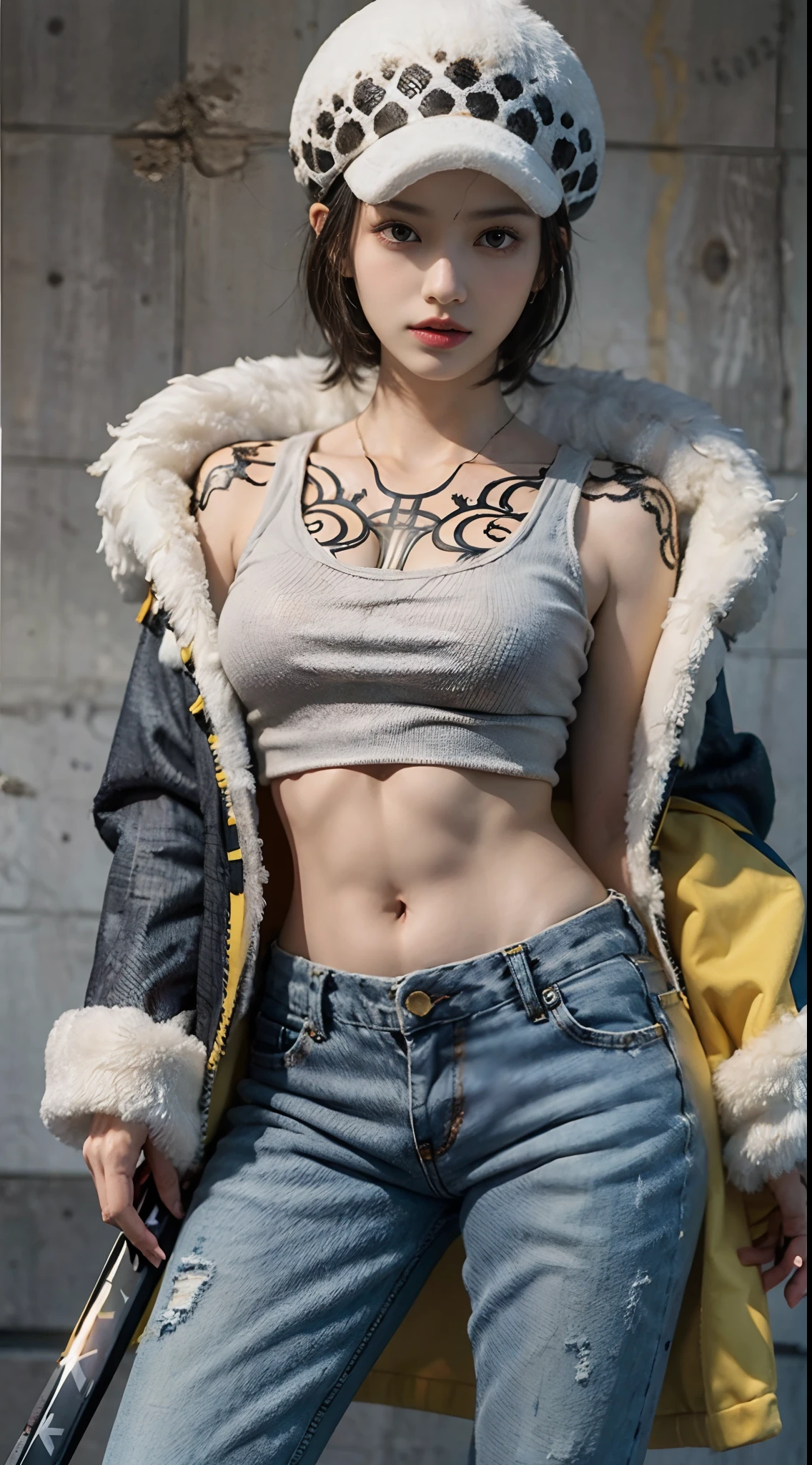 masterpiece, best quality, 8k,highestres, absurdres, extremely detailed, female trafalgar law, 1girl, 1sword, solo, looking at viewer, short hair, medium breasts, hat, navel, cleavage, collarbone, earrings, midriff, pants, coat, fur trim, denim, jeans, shoulder tattoo, hand tattoo, finger tattoo, black fur-trimmed coat, coat on shoulders, yellow tank top,///,