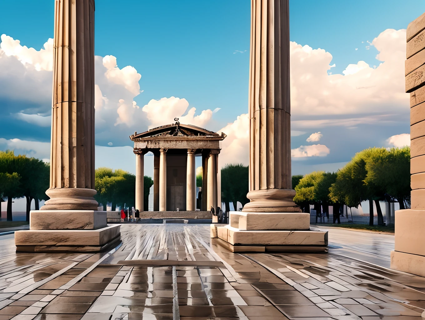 Greek culture, the city of Alexandria, a wooden port on the Mediterranean Sea, Greek sailing ships from the Ptolemaic era, seagulls in the sky, a Greek-style court building with columns in the shape of a kilopatra.  In front of it is a square with a statue of Alexander the Great on his horse, stone floors, a Roman theater.  Guards wearing ancient Pharaonic uniforms, a Pharaonic obelisk in the background, medium density clouds, rain, moderate daylight lighting, scene from the sea to the city --auto --s2