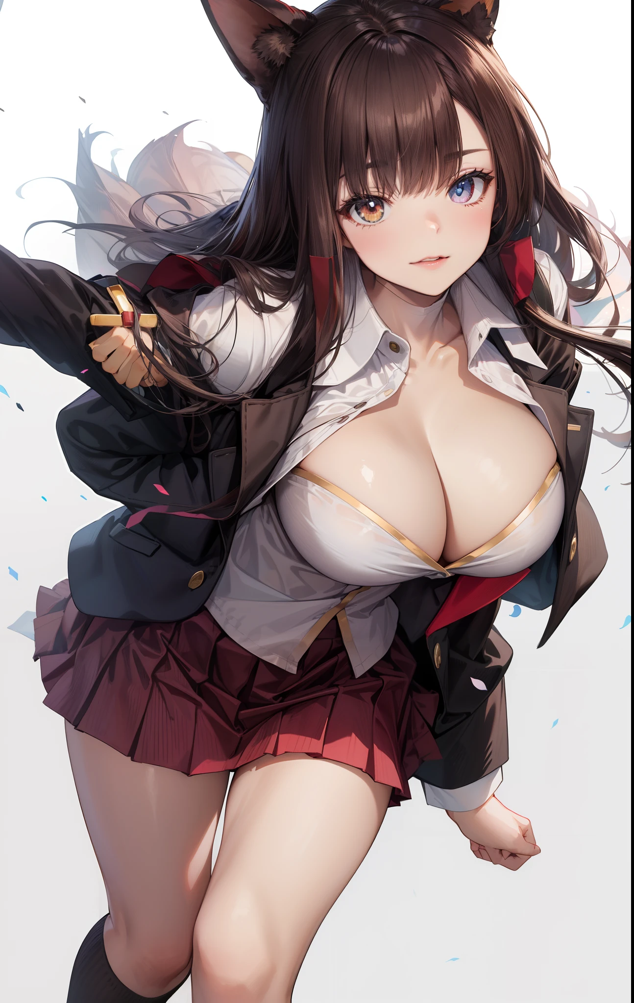 Long sleeves, Pleated skirt, School uniform, Shirt, Skirt, sleeves rolled up, White shirt, cleavage,