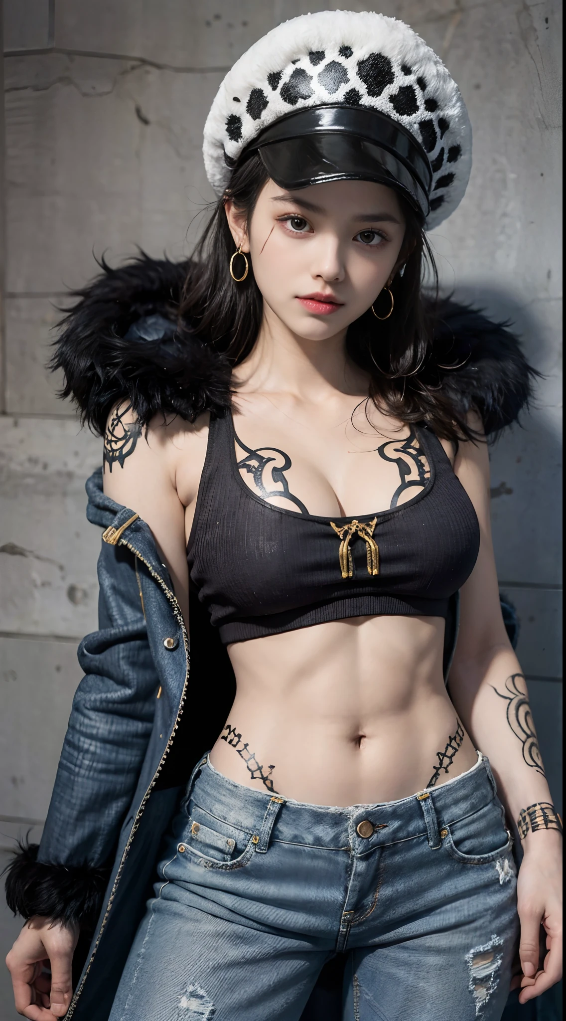 masterpiece, best quality, 8k,highestres, absurdres, extremely detailed, female trafalgar law, 1girl, 1sword, solo, looking at viewer, short hair, medium breasts, hat, navel, cleavage, collarbone, earrings, midriff, pants, coat, fur trim, denim, jeans, shoulder tattoo, hand tattoo, finger tattoo, black fur-trimmed coat, coat on shoulders, yellow tank top,///,