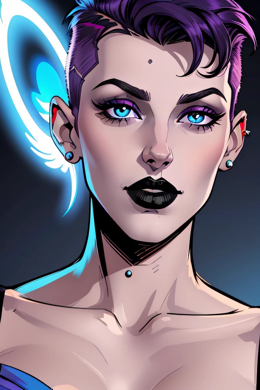 Close-up of the face of an adult female model, sur un fond plan, detailed background, jour, yeux violet brillants, Electric Blue Short Hair, Haircut on shaved sides, taches de rousseur, rougissement (expression de moue fumante), Simple raised eyebrow, eye shadow, black lipstick, pierced eyebrow, (gros seins), nue, looking to the side, comics style, couleurs plates, Complex comic book plan, Sexy angular superheroine face
