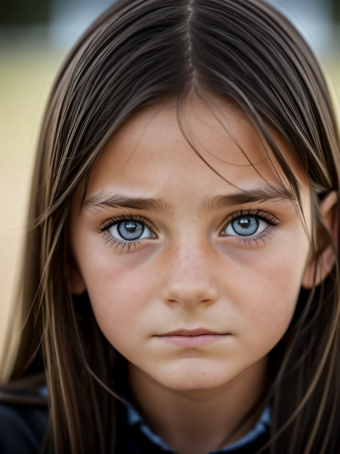 A ten-year-old girl, schwarze leicht lockige Haare, braune Augen, schaut direkt in die Kamera, close-up, sehr trauriger Gesichtsausdruck, traumatisiert, geschockt, weint,