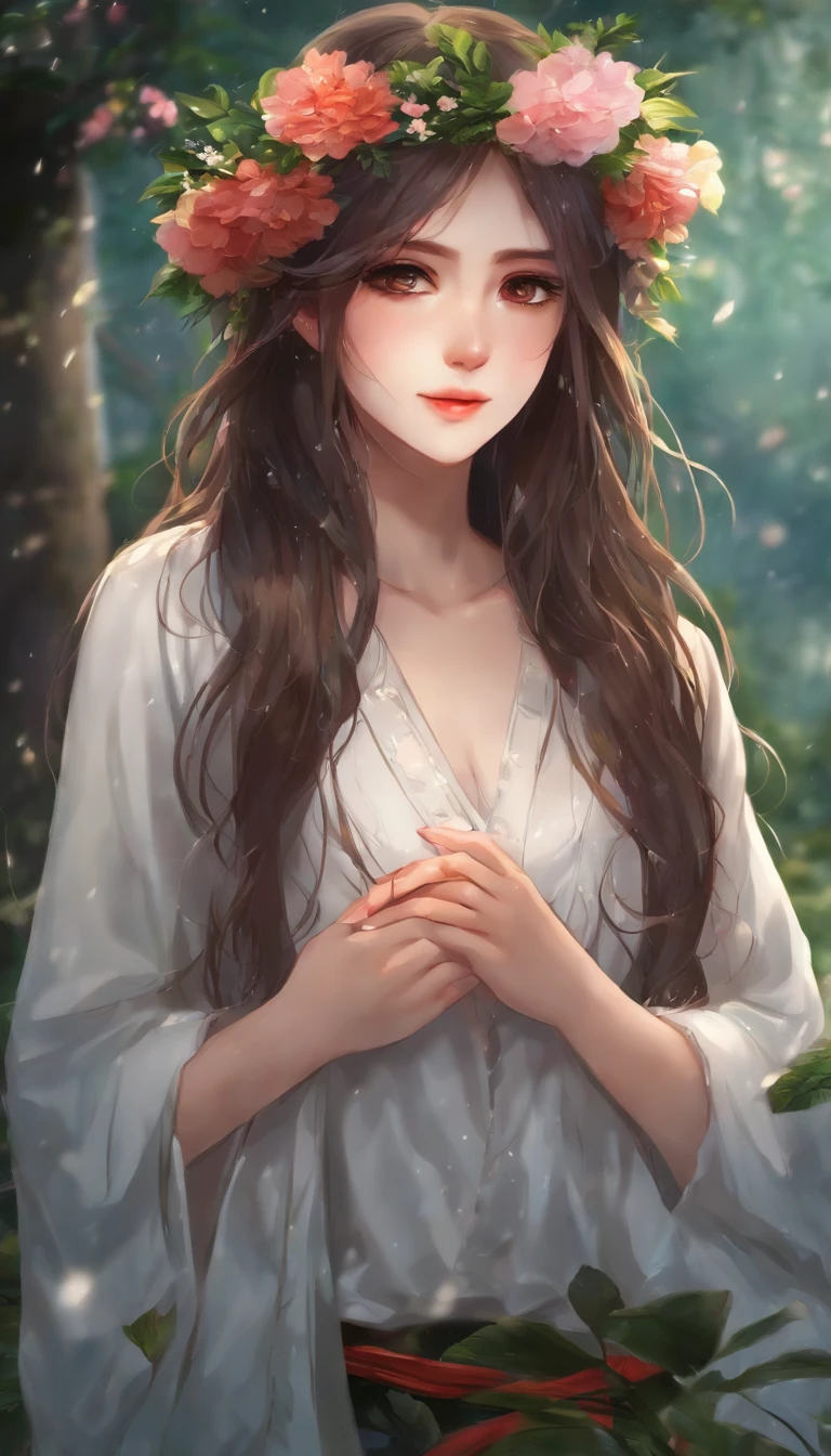 anime girl with long hair and flower in her hair, Beautiful anime artwork, style of anime4 K, Anime art wallpaper 4k,Rainy days，janelas，the woods，Rain drops