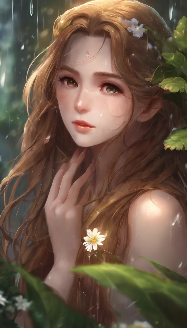 anime girl with long hair and flower in her hair, Beautiful anime artwork, style of anime4 K, Anime art wallpaper 4k,Rainy days,janelas,the woods,Rain drops