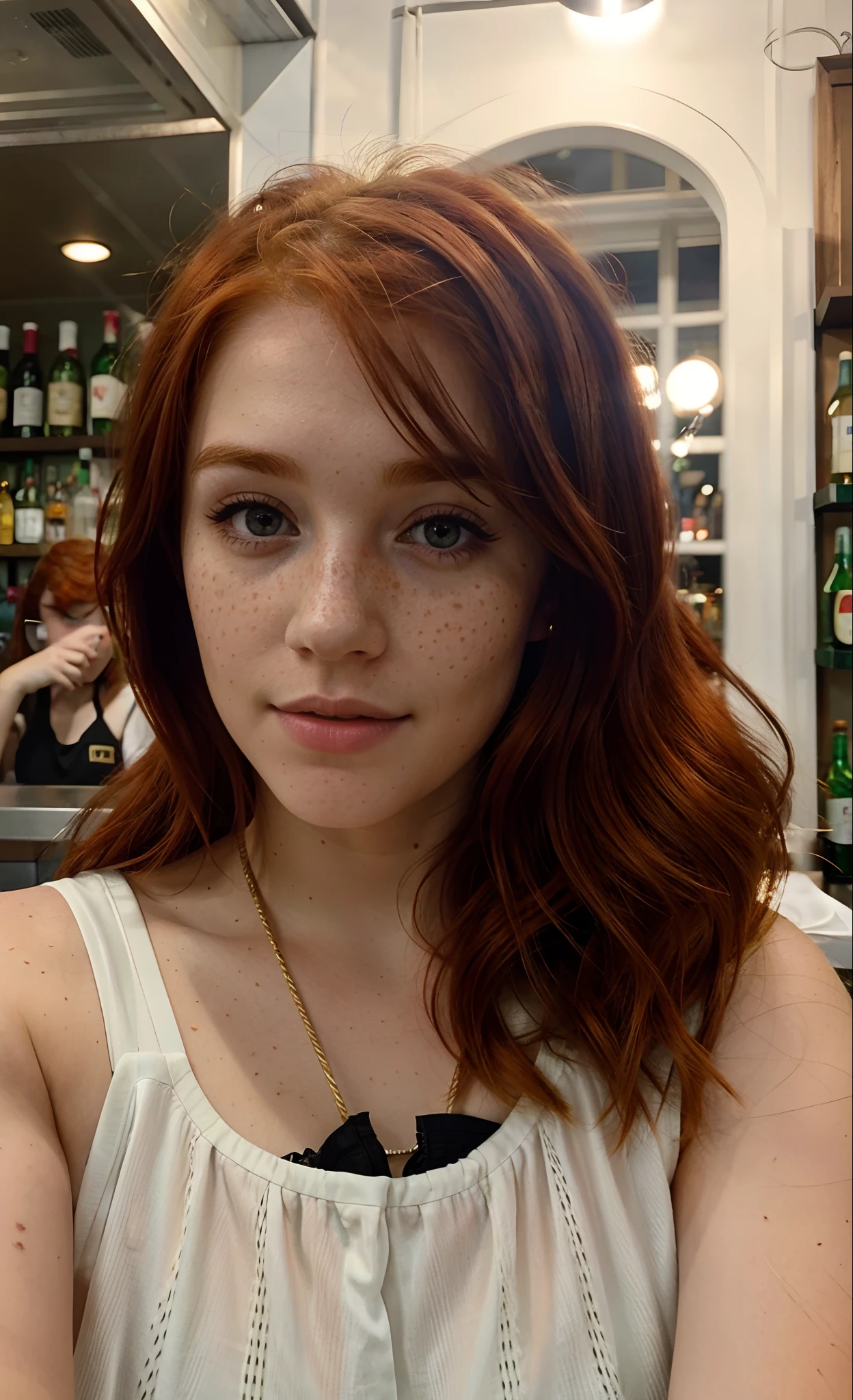Hyper realistic 23 year old redhead girl of Irish descent with freckles in selfie mode for Instagram dressed Snapchat influencer Full photo at night at bar