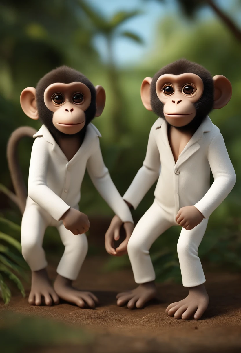 A 3D animation of two monkeys with white pants , lutando capeira do brasil