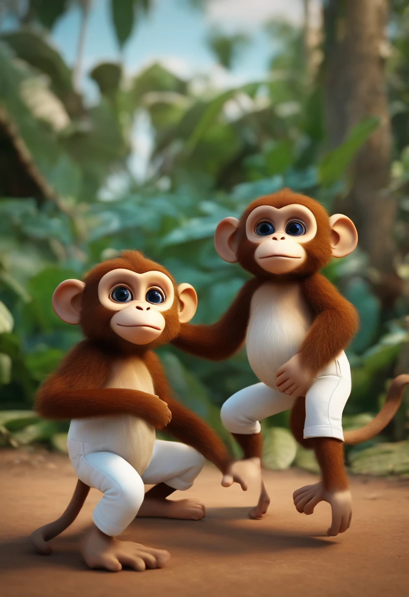 A 3D animation of two monkeys with white pants , lutando capeira do brasil