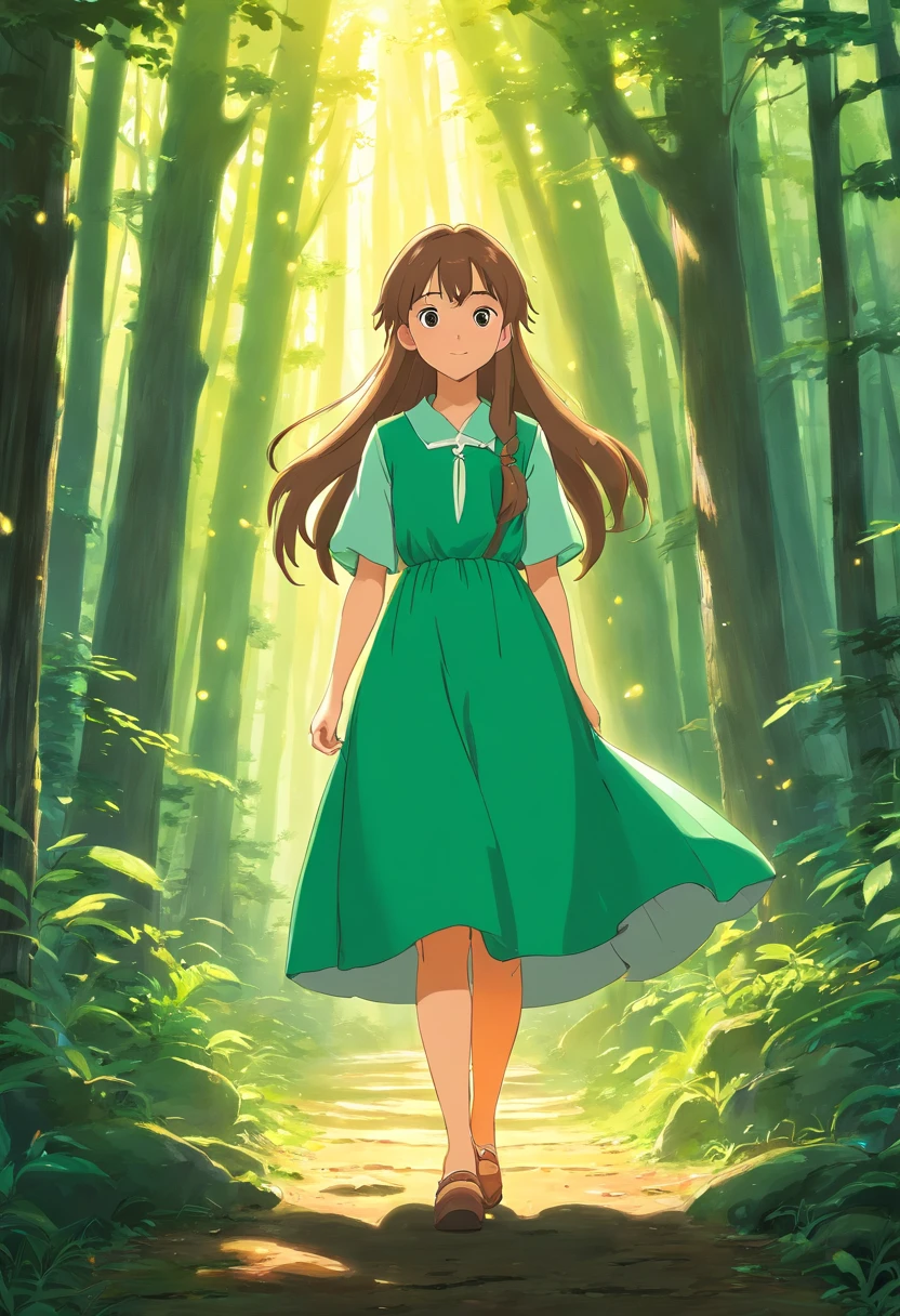 portal, Girl with long hair, woods, rays of sunshine, Girl in a green dress