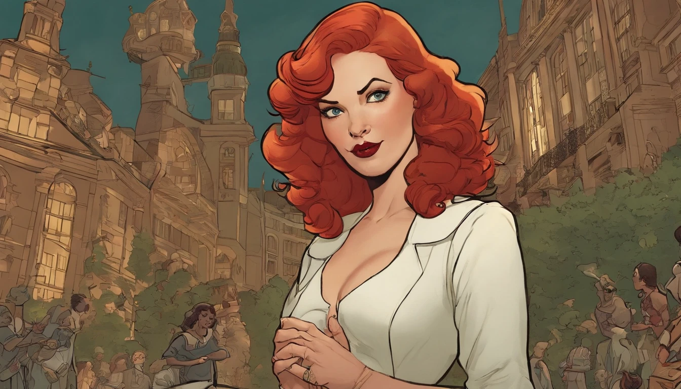 There's a cartoon image of a woman with red hair and a devil face, Arte no estilo de Terry Moore, Directed by: Galen Dara, full-colour illustration, color digital illustration, inspirado em Satoshi Kon, Clarice Estorninho, estilo bioshock pop art, cover illustration, Terry Moore, Arte Giantess, Fanart, fan art, Bioshock Estilo de Arte Infinito,ela gigante acima de um hospicio,com pessoas correndo do lugar com as roupas branca de pessoas do manicomio
