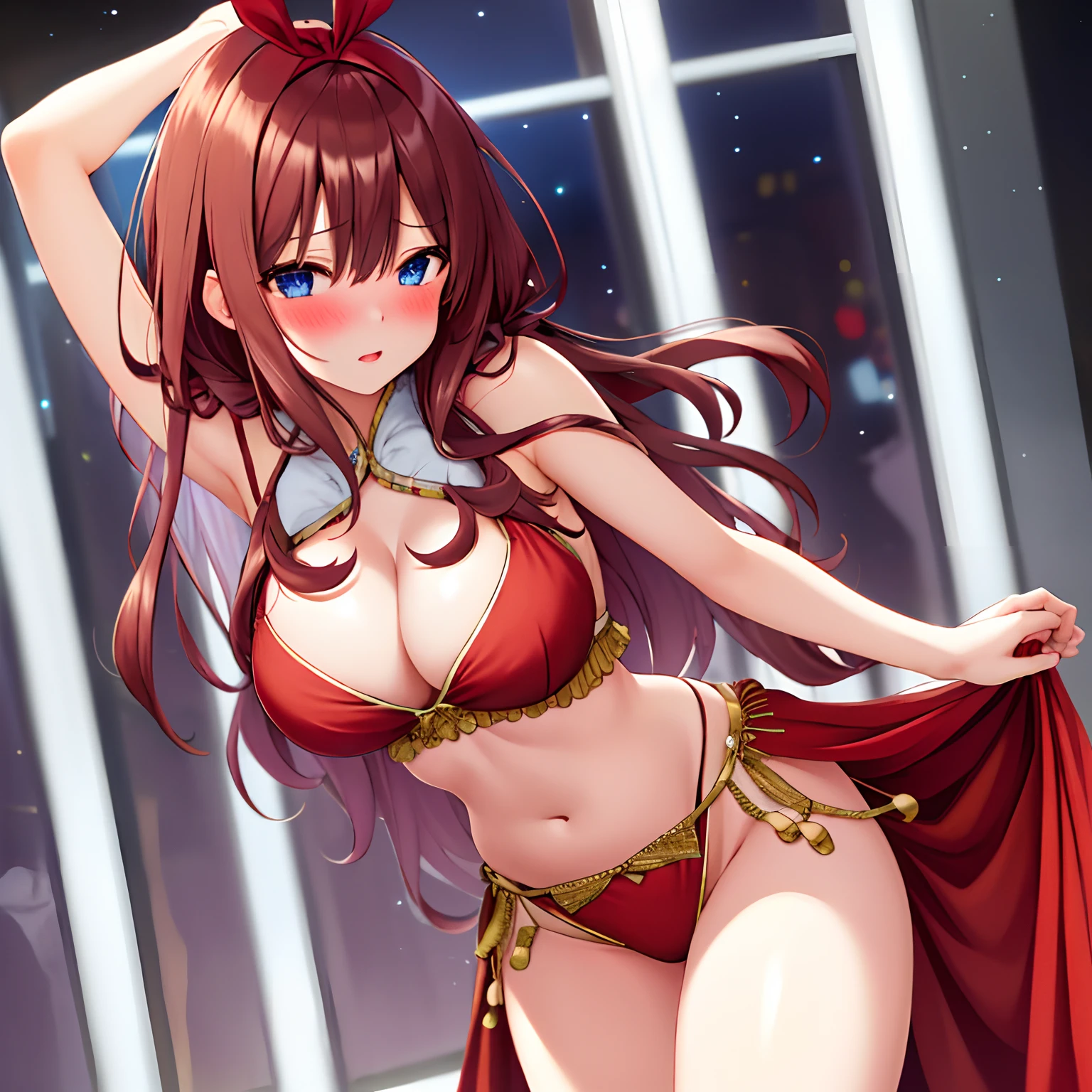 hiquality,1girl in, 独奏, beautidful eyes, nakano miku, brown haired, (barechested:1.3), (Wearing a belly dancer cstume),,Clothes are sheer, Female genitals, cleavage of the breast, , teats, large full breasts, thighs thighs thighs thighs, a bar counter, (red blush:1.3),Dancing, flank, There are multiple guys around