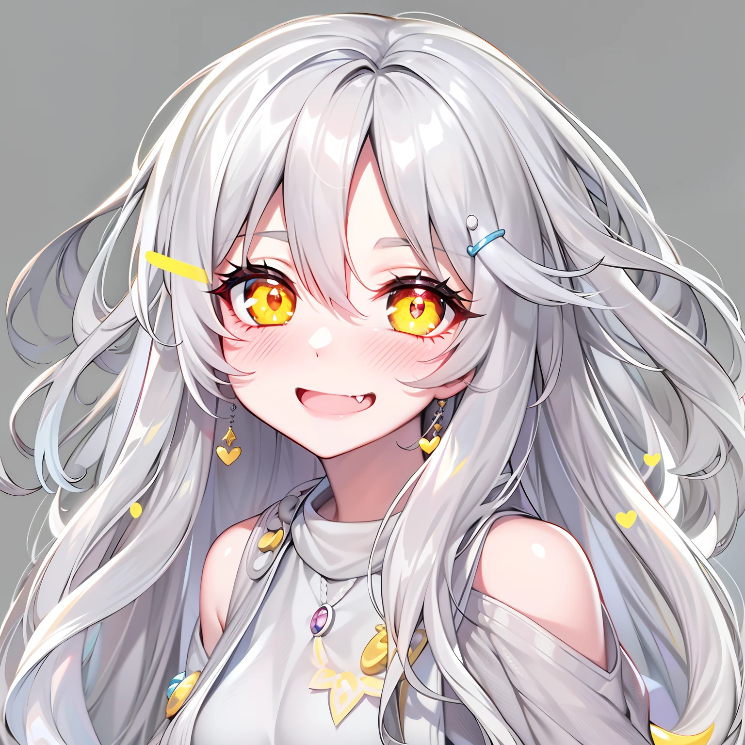 long hair bobbles, longeyelashes, solid circle eyes, light smile, ear blush, fang, silver hair, heart-shaped pupils, long hair, hairclip,yellow eyes, mismatched sclera, evil smile, anime style, 8k, super detail, ccurate, best quality, UHD, 4K , withe background