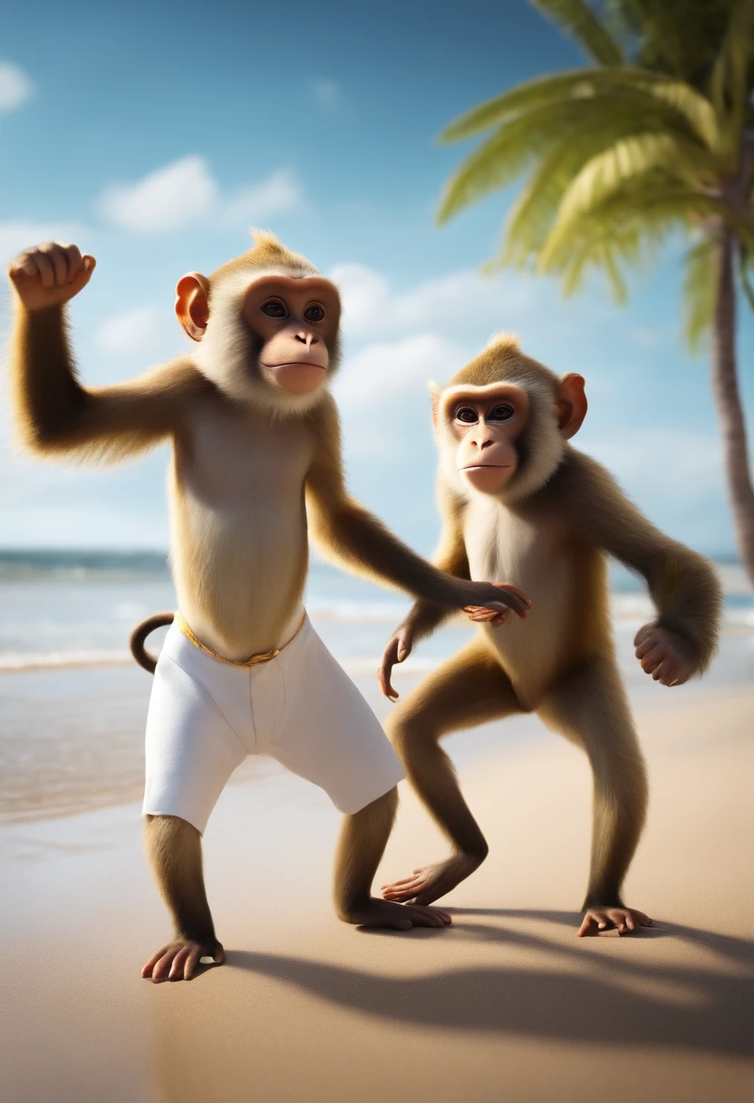 A 3D animation of two monkeys with white pants , Dancing capoeira on the beach in Brazil