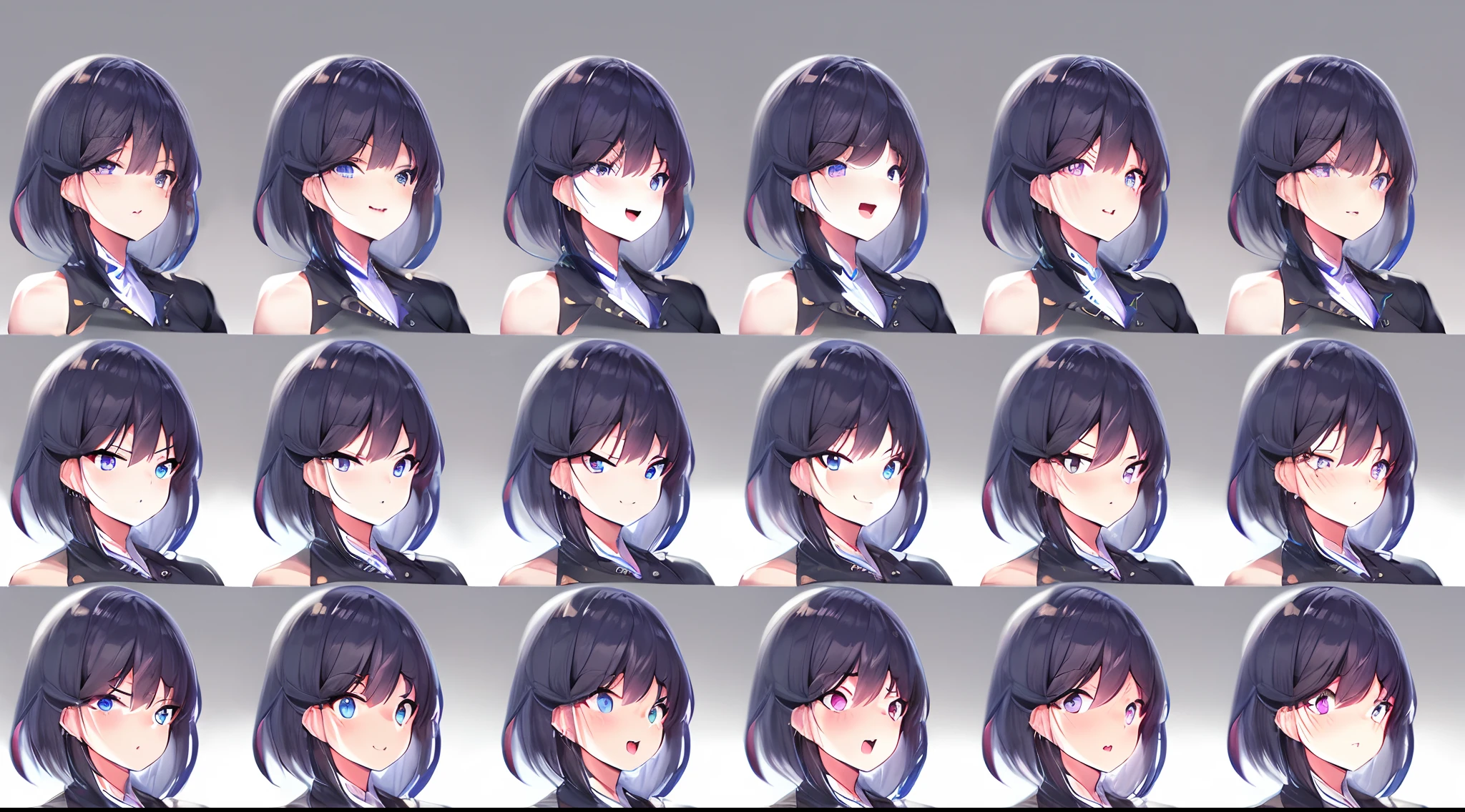 1girll,looking toward the viewer,greybackground,face expression,The same person,9 Facial expressions,grid,Exposed short hair,cheveux gris courts,Purple eyes,Smile,Laughing,Crying,Tired,Sly laughter,Shy,face expressionless,Surprised,half-body portrait,Break,black black jacket,smiling wryly,Best quality,Masterpiece,Highly detailed,Super detailed,8K