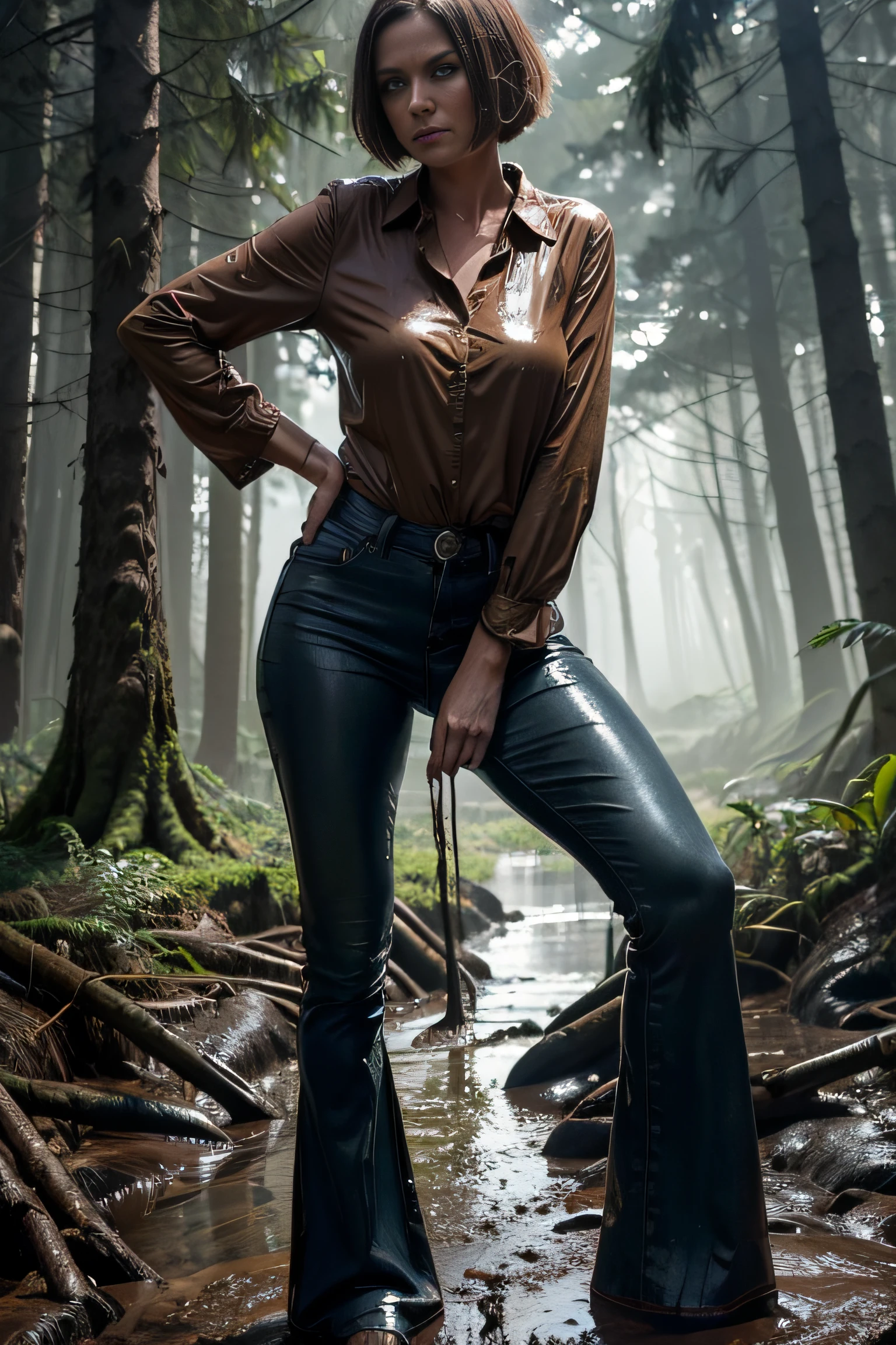 (Flared jeans), (soaked in brown mud underfoot:1.2) (Best Quality,hight resolution:1.2),The woman,Pronounced wrinkles,Bob haircut,Detailed eyes and face,blouse,expression of despair,Dark and moody lighting,desperation,(Dense forest around),(Mud Gully), sinks knee-deep, posing standing