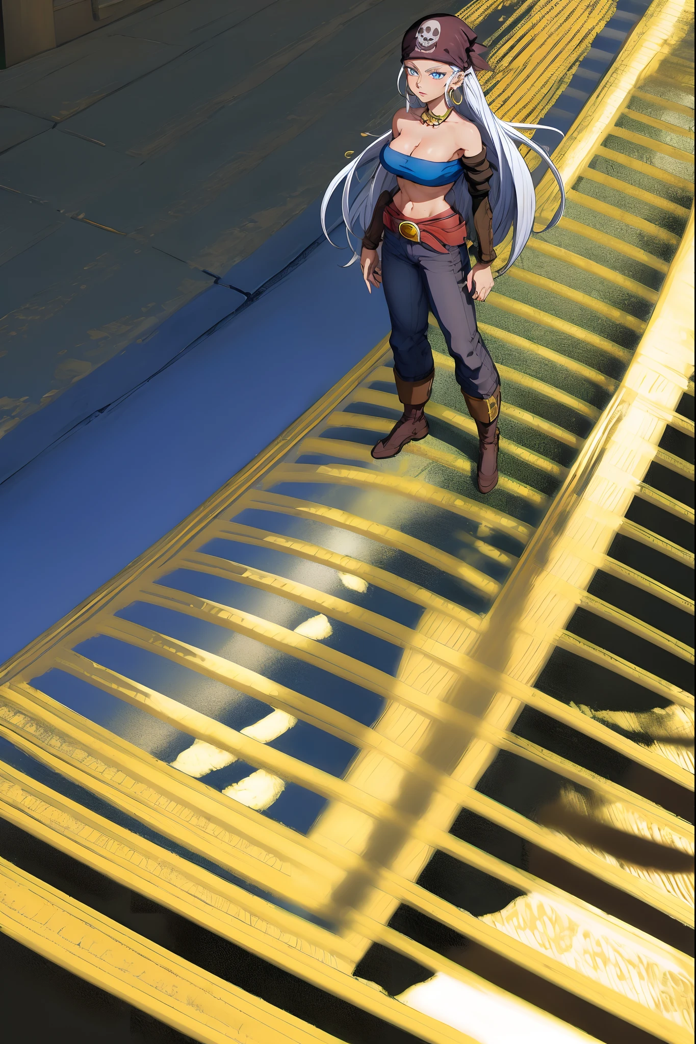 best quality, (masterpiece),(ultra-detailed), (high quality), (high resolution), 1girl, bandana, bandeau, blue eyes, cleavage, dark skin, dark-skinned female, earrings, eyelashes, hoop earrings, jewelry, long hair, medium breasts, pirate, solo, solo focus, white background, white hair, zola, full body standing, seriouse facial expresion, pants,lance holding