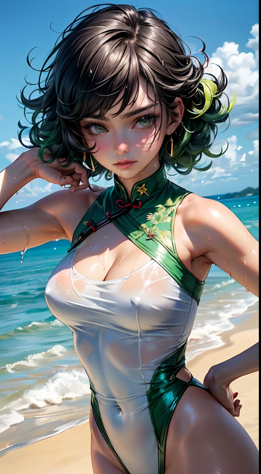 Girl Youku anchor,(((1girll))),((Very cute beautiful girl with green curly hair)),Persona diagram，Three View，Return. Front
(short breasts:1.4),big assa,(((Green curls:1.35,Very curly hair,Colored inner hair,Ear breathing,Short hair))),(((Green_Eyes:1.3))),intricately detailed eyes,Beautiful detailed eyes,Symmetrical eyes,Big eyes:1.3,((Fat)),(((Glossy glossy skin:1.5,Bright Skin: 1.5,dark tanned skin,Shiny skin,very shiny skin,shining body,plastic glitter skin,exaggerated shiny skin,brightskin,Wet legs))),Detailed body,(Detailed face),One Punch Man Tornado

Lovely,slutty,Seductive,Erotic,(((NSFW))),

zettai ryouiki,Clothing that exposes,show skin,((,Red cheongsam，Decorated with anime art prints)),((Wet clothes,intricate outfits,intricate clothes)),

(Dynamic pose:1.0),Embarrassed,(Buttock display,Scale to fit the dimensions,Rule of thirds),Close-up of buttocks

Cyberpunk night by the sea, There are bright neon lights and dark storm clouds and puddles, scenery:1.25,A disdainful smile，frown

Art photography,(photography of：SLDR),A high resolution, Sharp focus, (Ultra detailed, Extremely detailed), (realistic artwork:1.37),(Extremely detailed Cg Unity 8K wallpaper),((Synthetic wave background theme)),(((Vibrant colors))),(intricate background),(Masterpiece),(Best quality),