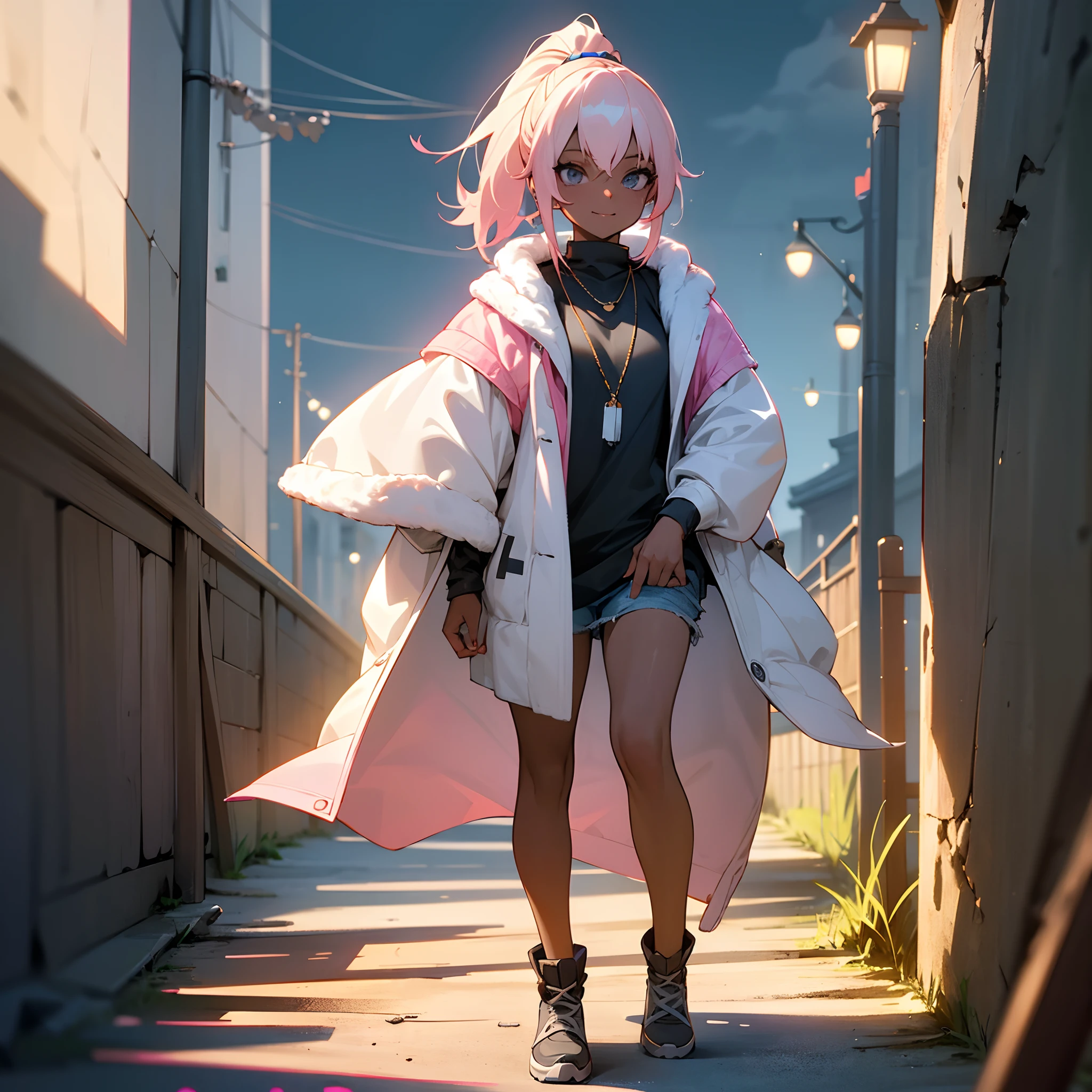 1female, teen, dark skin, pale blonde low ponytail with pink highlights, finely detailed grey eyes, loose casual clothes, jacket with oversized fur hood, necklace, best lighting and shadows, night time fishing village, walking down a path, light smile