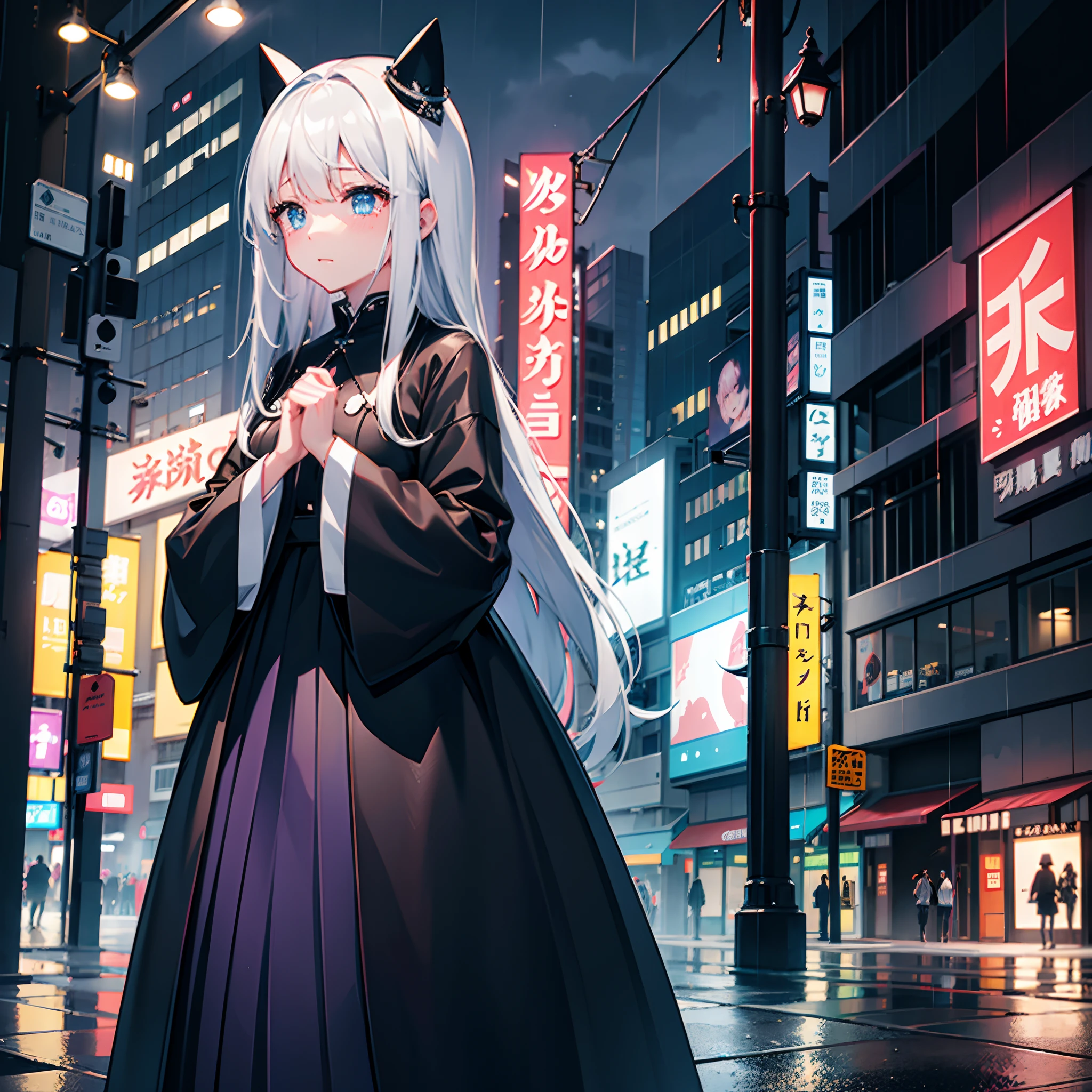 Rainy nights、An urban area lined with buildings、Standing Girl、Black coat、white t-shirts、a black skirt、White long bob hair with blue-violet mesh、Crying while looking upwards、Big black witch hat with sapphire accessories