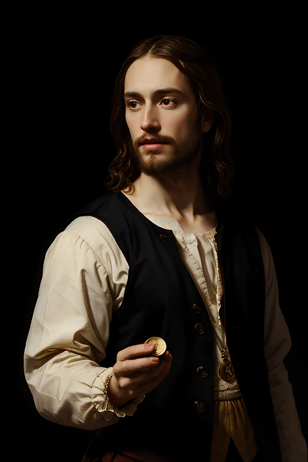 Jesus Christ hold a coin in his hand, black background, art by Anthony van Dyck